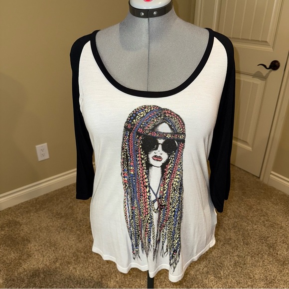 LAUREN MOSHI T Shirt Black White Hippie Girl Colourful Harmony Peace Love Size L - Picture 2 of 11